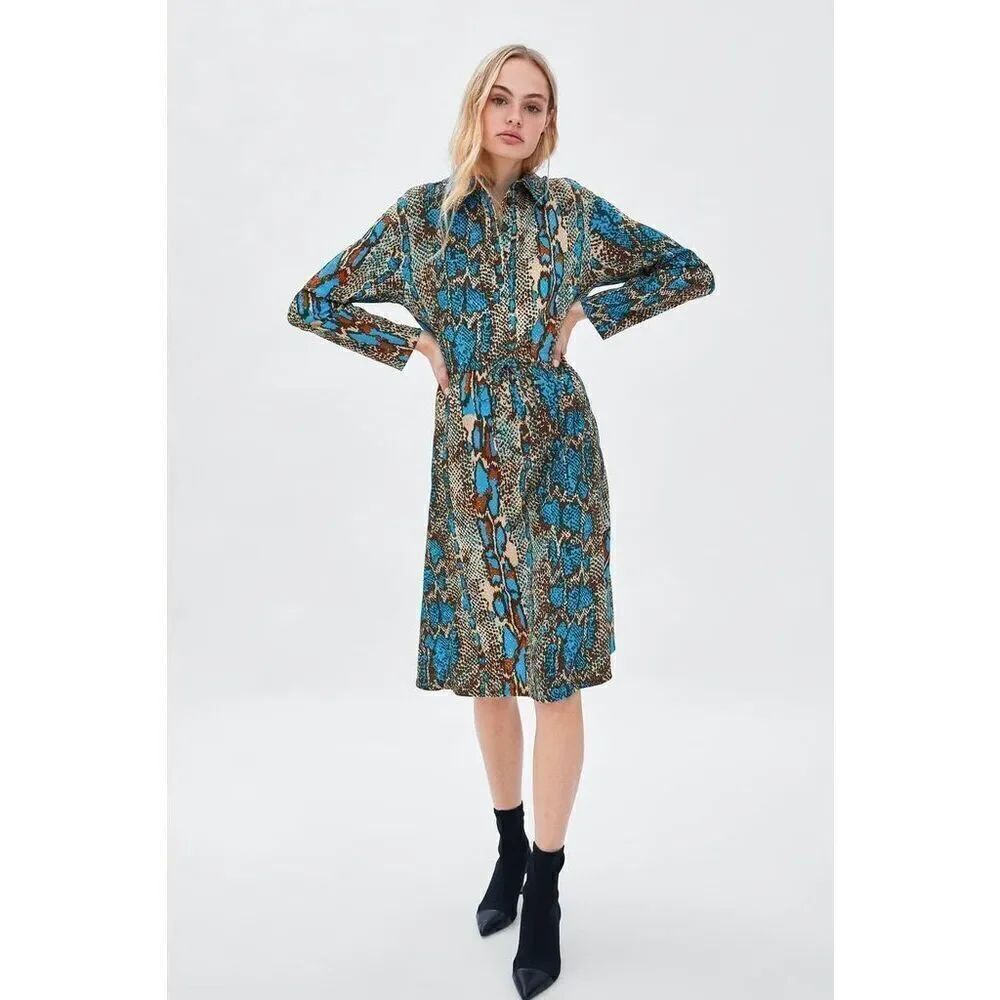 ZARA TRAFALUC Blue Animal Print Shirt Dress Women Size M long sleeve size M